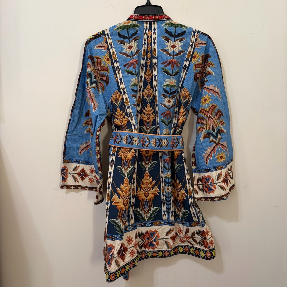 Farm Rio Embroidered Tapestry Organic Cotton Blue Boho Mini Dress with Belt - Picture 10 of 10